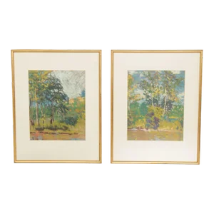 Impressionist Style 'Forrest Green' Pastel Drawings by John J. Dull - A Pair