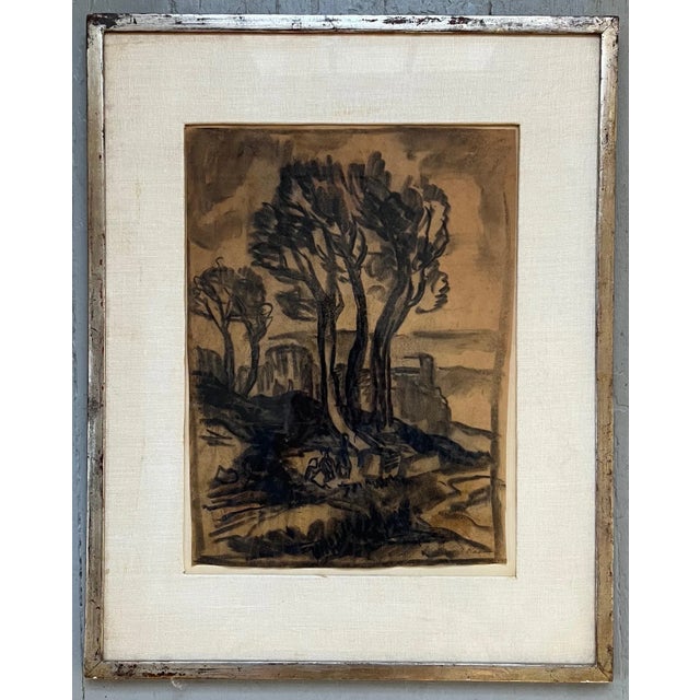 1930's Ink and Charcoal Drawing of Trees in Landscape in Original Silver Gilt Frame With Linen Mat For Sale In New York - Image 6 of 8