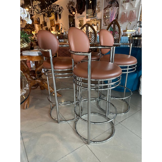 Vintage set of 4 DIA Design Institute of America chrome arm barstools stools, tagged underneath. Chrome has been polished...