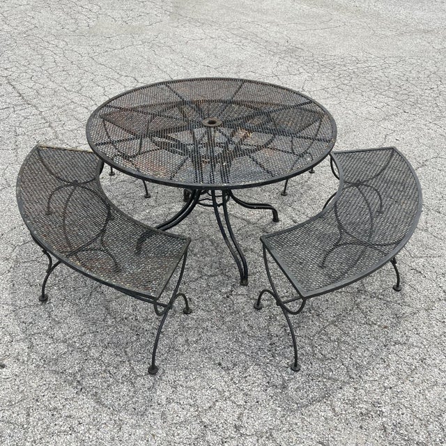 Mid 20th Century Woodard Round Patio Table with Three Benches, Attributed For Sale - Image 9 of 11