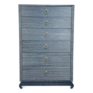 Villa and House Asian Modern Blue Grasscloth Tall Ming Chest of Drawers For Sale