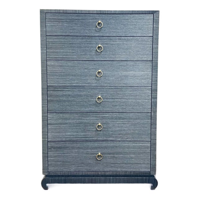 Villa and House Asian Modern Blue Grasscloth Tall Ming Chest of Drawers For Sale
