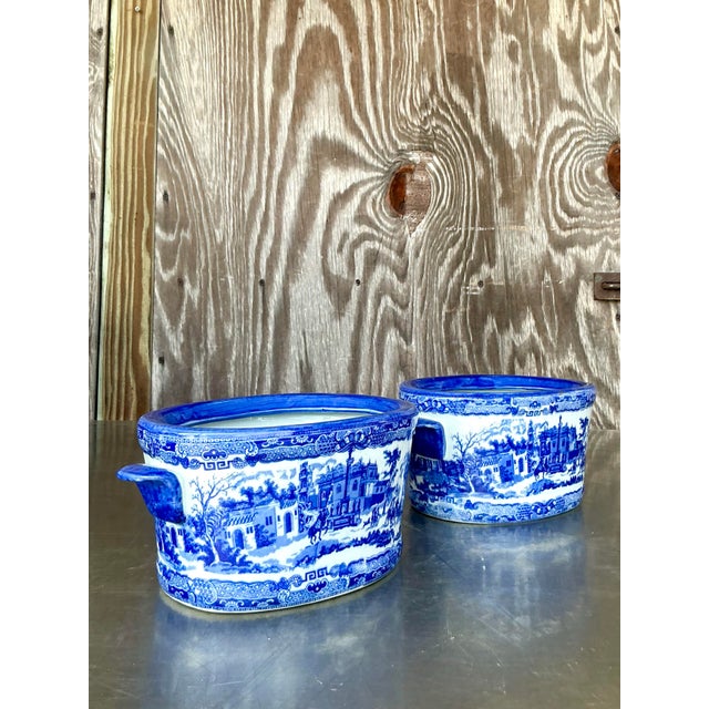 Vintage Regency Blue and White Cache Pots - A Pair For Sale - Image 4 of 12