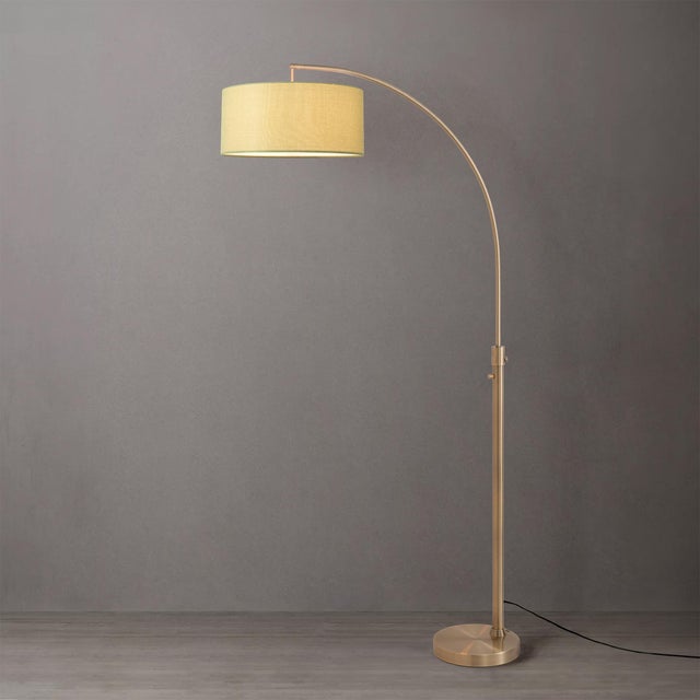 Mid-Century Modern Float Chairside Arc Lamp 75" H - Weathered Brass, Avocado Linen Drum Shade, Dimmable, Bulb Included For Sale - Image 3 of 7