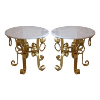 Vintage Italian Gold Leaf Gilded Iron & Marble Top End Side Tables Pair Of, 1960's For Sale