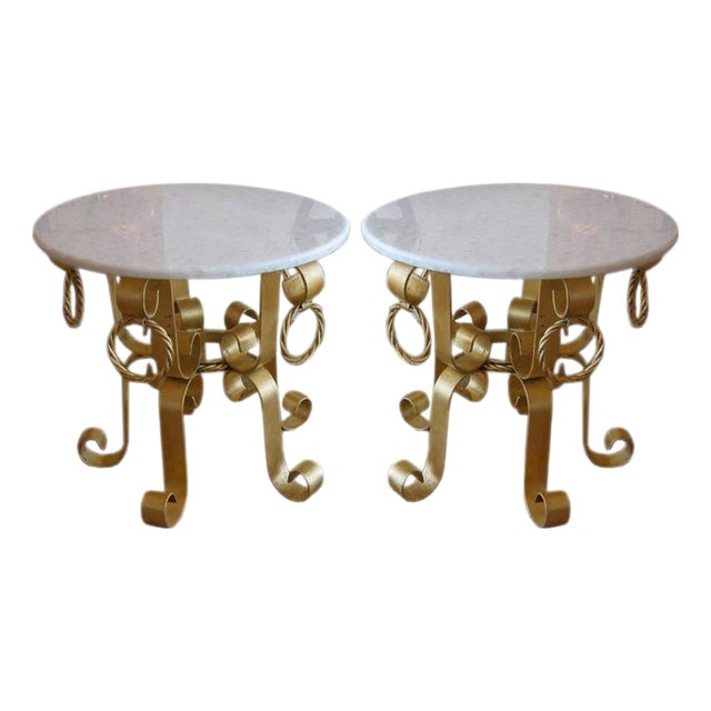 Vintage Italian Gold Leaf Gilded Iron & Marble Top End Side Tables Pair Of, 1960's For Sale