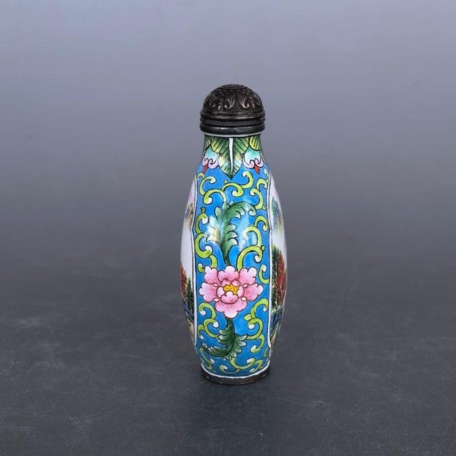 Blue Copper Enamel Landscape Snuff Bottle, Hand Painted Famille Rose Scene For Sale - Image 8 of 9