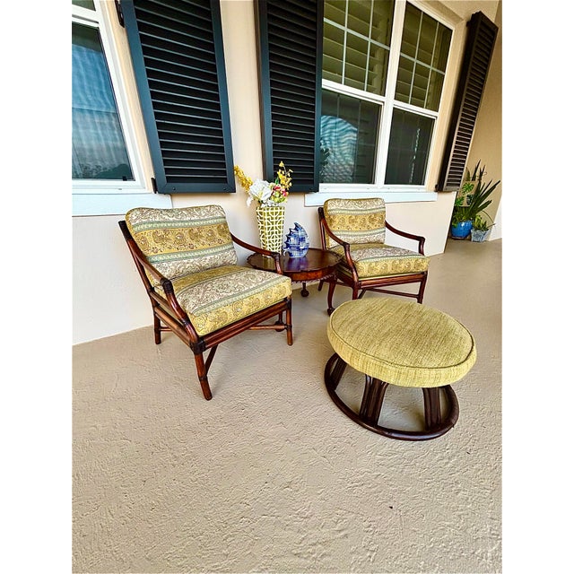 Mid-Century Modern 2 Professionally Refurbished McGuire Target Back Rattan Lounge Chairs With Ottoman. Upholstered in New Curated Green and Blue Vintage Fabric. For Sale - Image 3 of 12