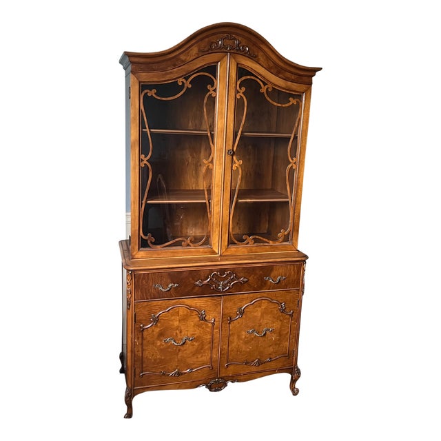 Major Discount, Must SELL-1920s Beautiful French Provincial Style Burl Wood China Cabinet For Sale
