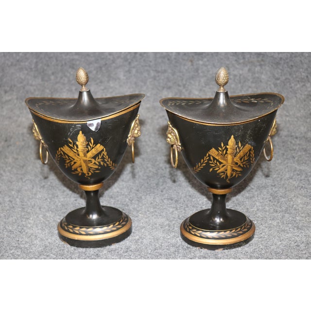 Pair English Style Tole Painted Metal Small Brass Mounted Urns For Sale - Image 4 of 13