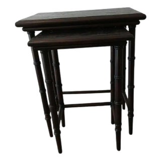 1950s MCM Nesting Tables Chinoiserie Lacquered Mosaic Faux Bamboo Legs Asian Vintage For Sale