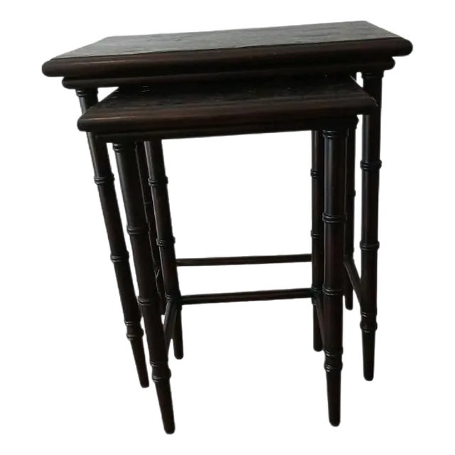 1950s MCM Nesting Tables Chinoiserie Lacquered Mosaic Faux Bamboo Legs Asian Vintage For Sale
