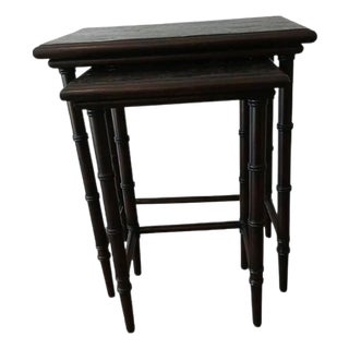 2 1950s MCM Nesting Tables Chinoiserie Lacquered Mosaic Faux Bamboo Legs Asian Vintage For Sale