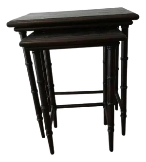 2 1950s MCM Nesting Tables Chinoiserie Lacquered Mosaic Faux Bamboo Legs Asian Vintage