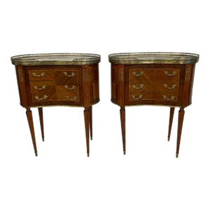 1930s Pair of Louis XVI Style End or Bedroom Side Tables With Marble and Brass Gallery Tops