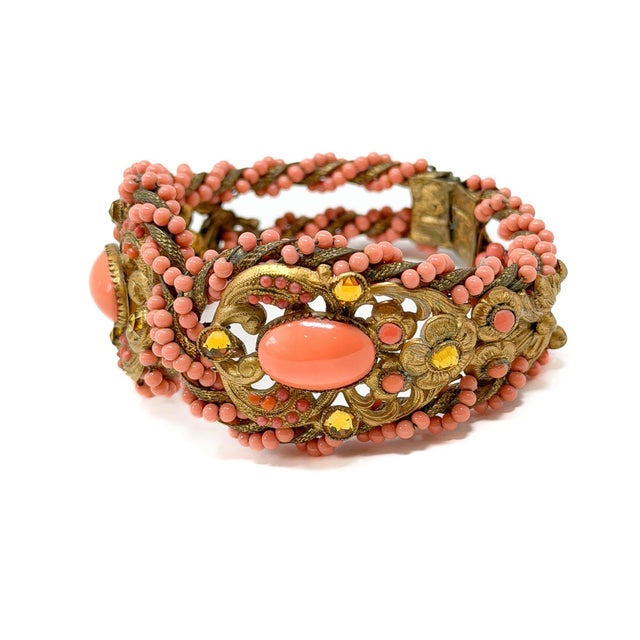 Metal Vintage Coral Glass and Yellow Rhinestone Clamper Cuff, 1940 For Sale - Image 7 of 11