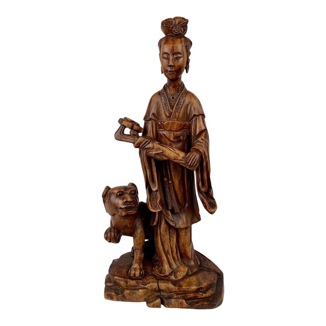 Carved Teak Chinese Female Figure With Removable Head Holding a Ruyi For Sale
