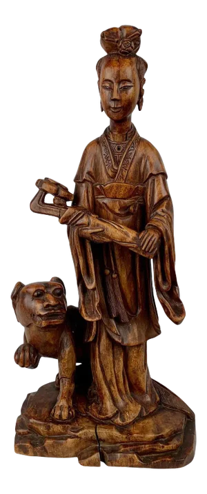 Carved Teak Chinese Female Figure With Removable Head Holding a Ruyi