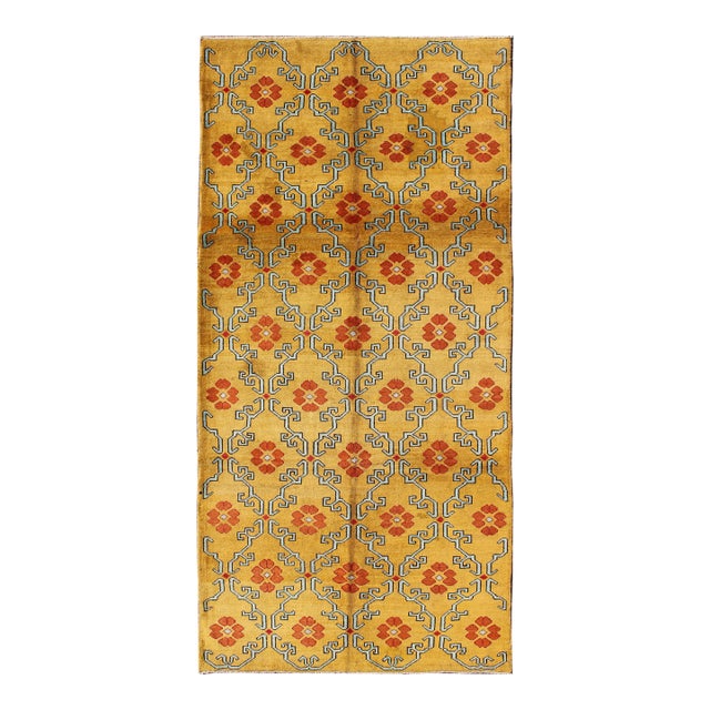 Vintage Turkish Rug With Modern Design in Bright Yellow, Tangerine and L. Blue 5'0" X 10'11" For Sale