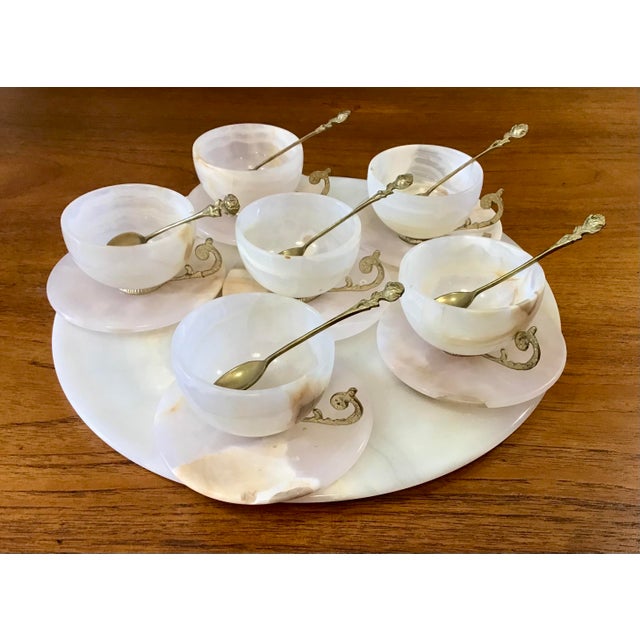 Cream Circa 1930s Vintage White Agate Tea Cup, Saucer and Tray Set- 19 Pieces For Sale - Image 8 of 12