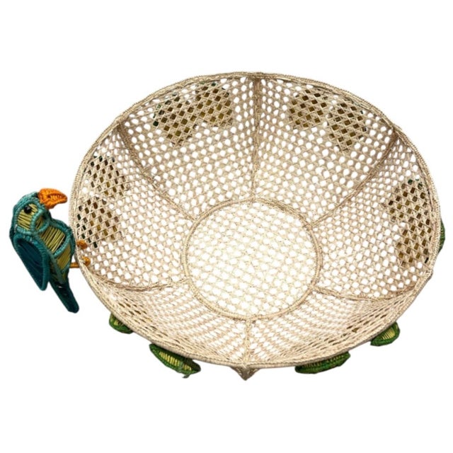 Textile Vintage Tropical Raffia & Cane Fruit Bowl With Perched Parrot & Lemon Accents For Sale - Image 7 of 12