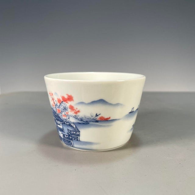Vintage Blue & White Underglaze Red Porcelain Teacup – Landscape Scene, Qianlong Mark For Sale - Image 4 of 9