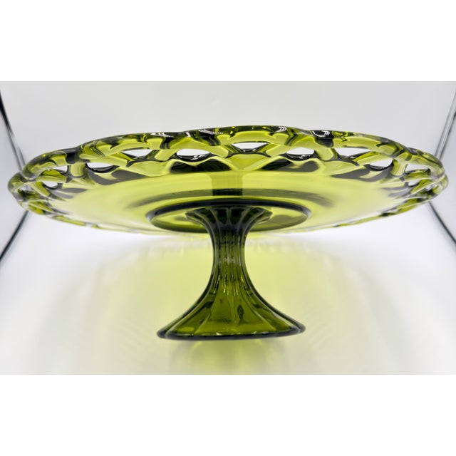 Mid-Century Modern 1950s Pitman-Drietzer Glass Avocado Green Cake Stand "Colony Lace" 14" Plate For Sale - Image 3 of 8