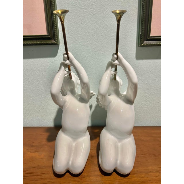 Late 20th Century Vintage Department 56 “Winter Silhouettes” White Porcelain Angels With Brass Trumpets - A Pair For Sale - Image 5 of 9