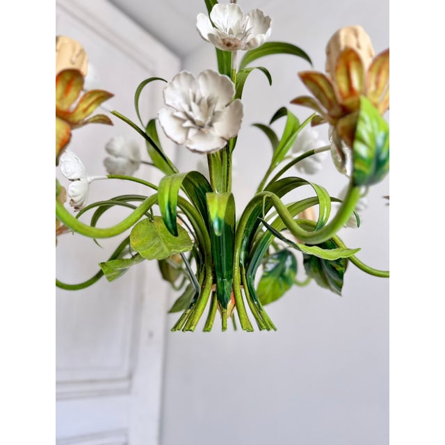 Metal Vintage Floral Tole Chandelier, 1970 For Sale - Image 7 of 18