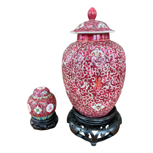 Set of 2 Vintage Porcelain Ginger Jars With Lids and Carved Wood Stands For Sale