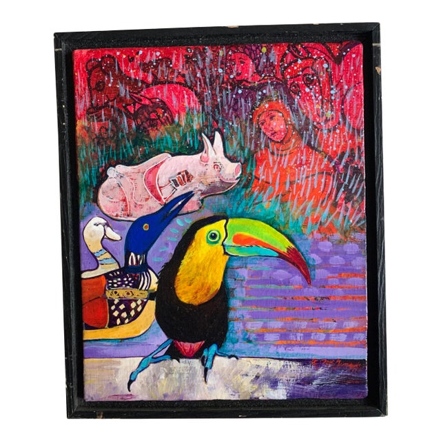 1980s “Piggy and Her Friends” Surrealist Animal Oil Painting by Christine McGinnis, Framed For Sale