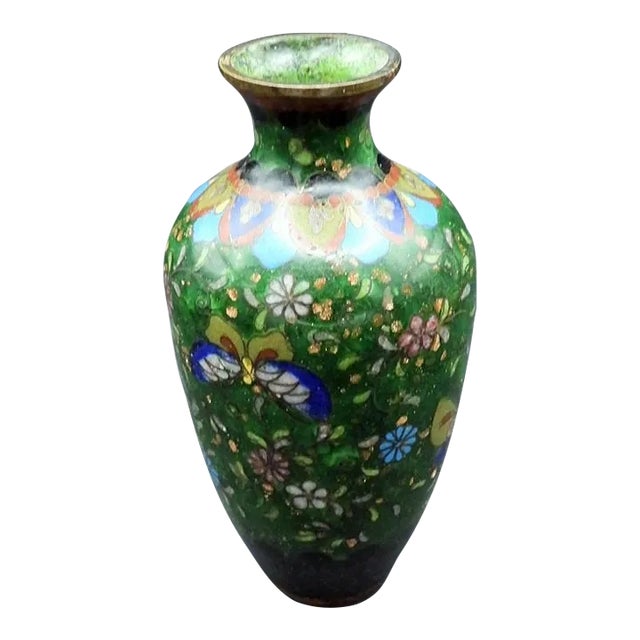 Antique Japanese Meiji Period Enameled Foil Butterfly Chrysanthemum Cloisonne Brass Vase 1800s For Sale