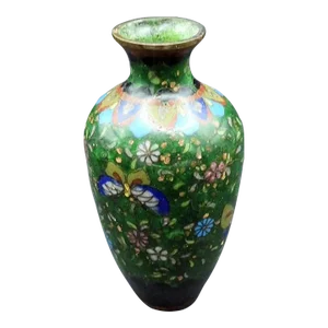 Antique Japanese Meiji Period Enameled Foil Butterfly Chrysanthemum Cloisonne Brass Vase 1800s