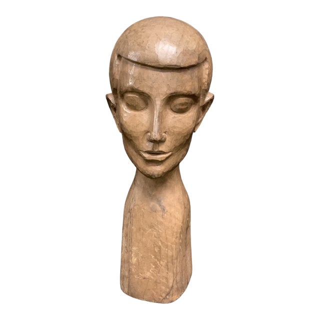 Vintage Late 20th Century Carved Wood Paper Mache Male Bust Sculpture For Sale