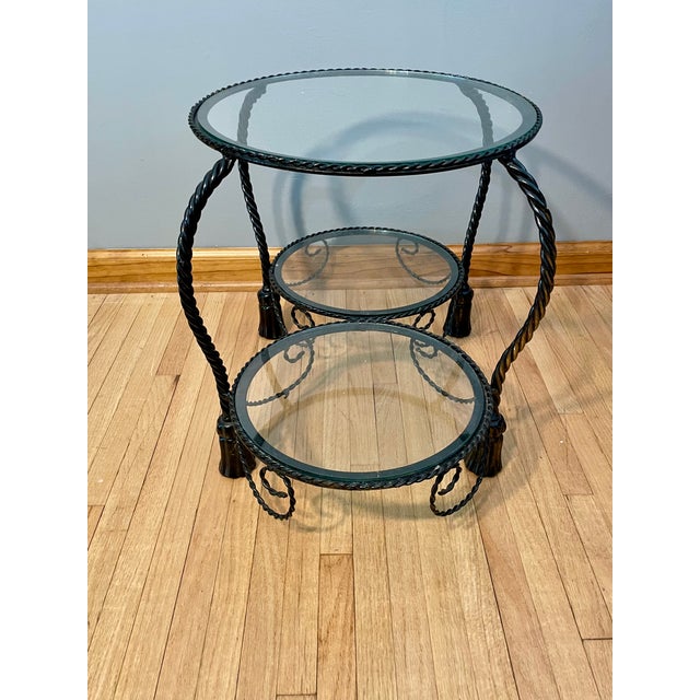 Black Italian Hollywood Tiered Rope and Tassel Table Plant Stand Iron For Sale - Image 8 of 10