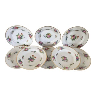 19th Century French Empire Porcelain Soup Bowl Plates with Hand Painted Floral Sprigs & Gilt Rim - Set of 8 For Sale