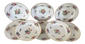 19th Century French Empire Porcelain Soup Bowl Plates with Hand Painted Floral Sprigs & Gilt Rim - Set of 8
