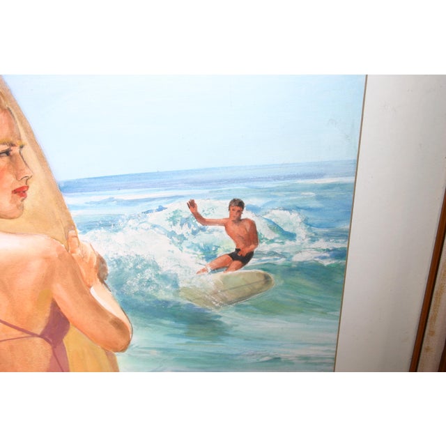 1960s 1960s Watercolor - Surfer Girl - Beach Scene For Sale - Image 5 of 8