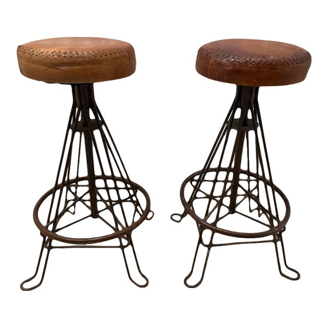 Vintage Mid-20th Century Distressed Leather and Iron Industrial Barstools - a Pair For Sale