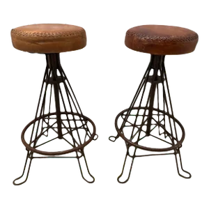 Vintage Mid-20th Century Distressed Leather and Iron Industrial Barstools - a Pair
