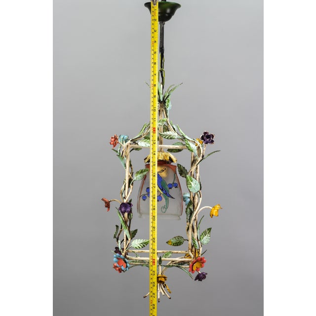 French Tole and Glass Polychrome Pastel Flower Cage Pendant Light, 1950s For Sale - Image 17 of 18