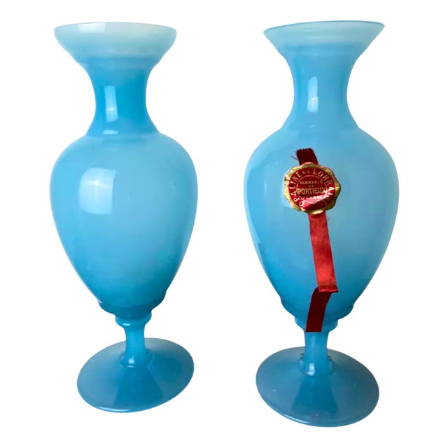 French Art Deco Light Turquoise Hand-Blown Opaline Glass Vases, 1920s, Set of 2 For Sale