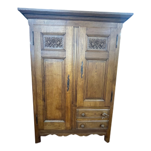 Antique French Provincial Oak Armoire With Carved Floral Panels