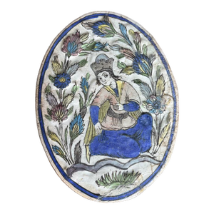 Large Antique Hand-Painted Iznik Qajar Style Oval Ceramic Tile