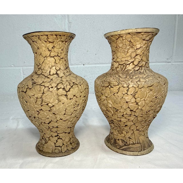 Pair of Antique Handmade Chinese Carved White Lacquer Cinnabar Floral Vase Urn For Sale - Image 9 of 12