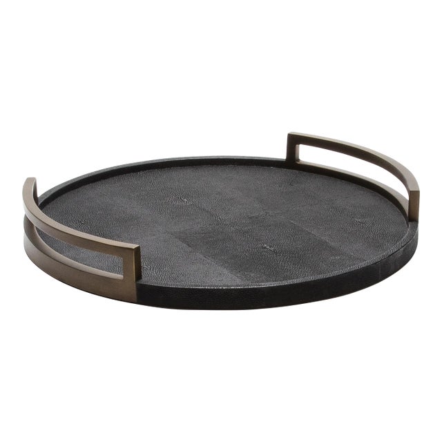 Round Tray in Black Shagreen With Bronze Patina Brass by R&y Augousti For Sale