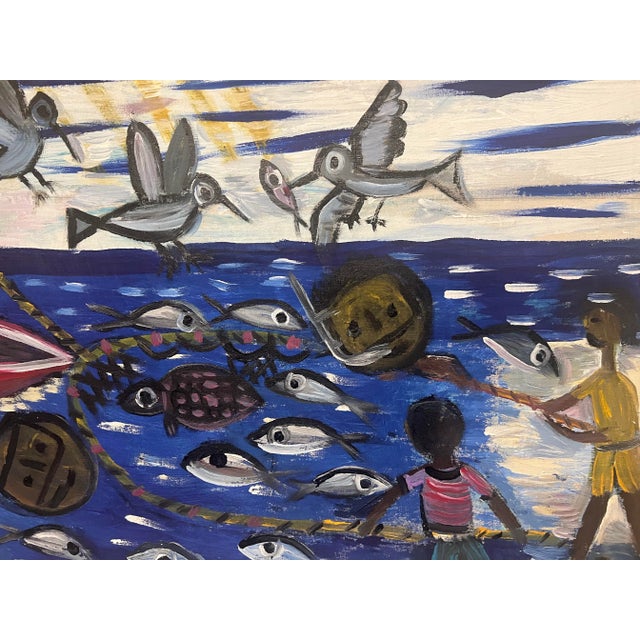 Contemporary Doliver Morain (1959-), Folk Art Fishing Painting on Canvas, Large Size, Signed & Dated For Sale - Image 3 of 4