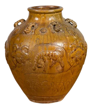 Chinese Ming Dynasty Golden Brown Glazed Martaban Water Jar with Tiger Motifs