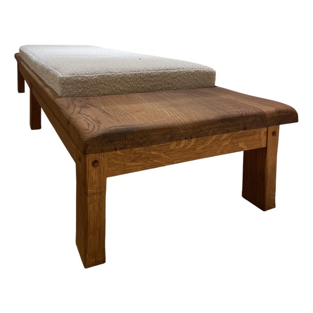 Oak Bench with Ecru Bouclé Fabric Seat, 1970s For Sale