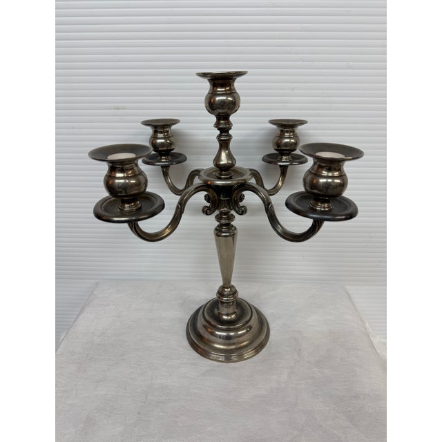 Traditional Vintage Five Arm Pewter Candelabra For Sale - Image 3 of 12